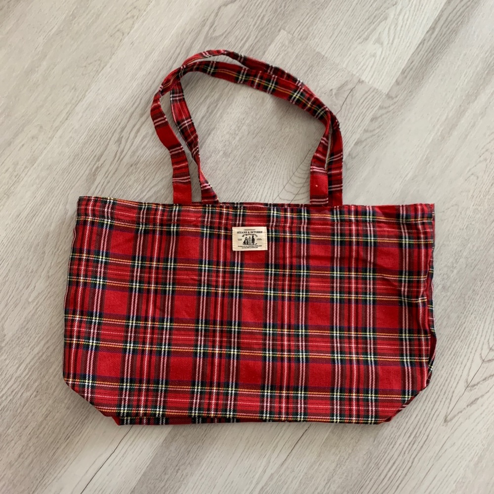 Sézane and Octobre plaid tartan red tote bag